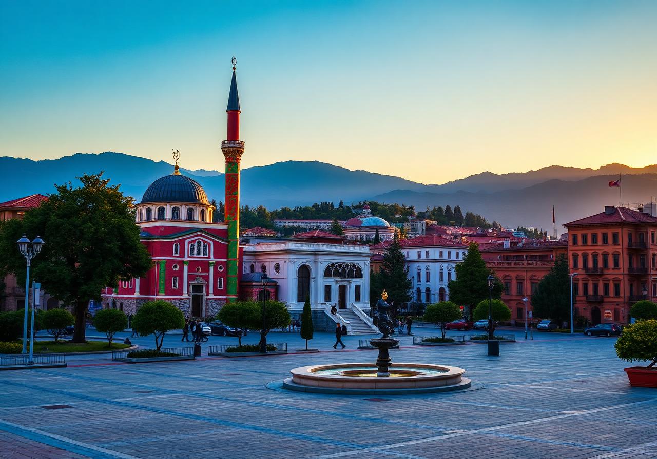 Tirana, Albania — Et'hem Bey Mosque on Skanderbeg Square at sunset