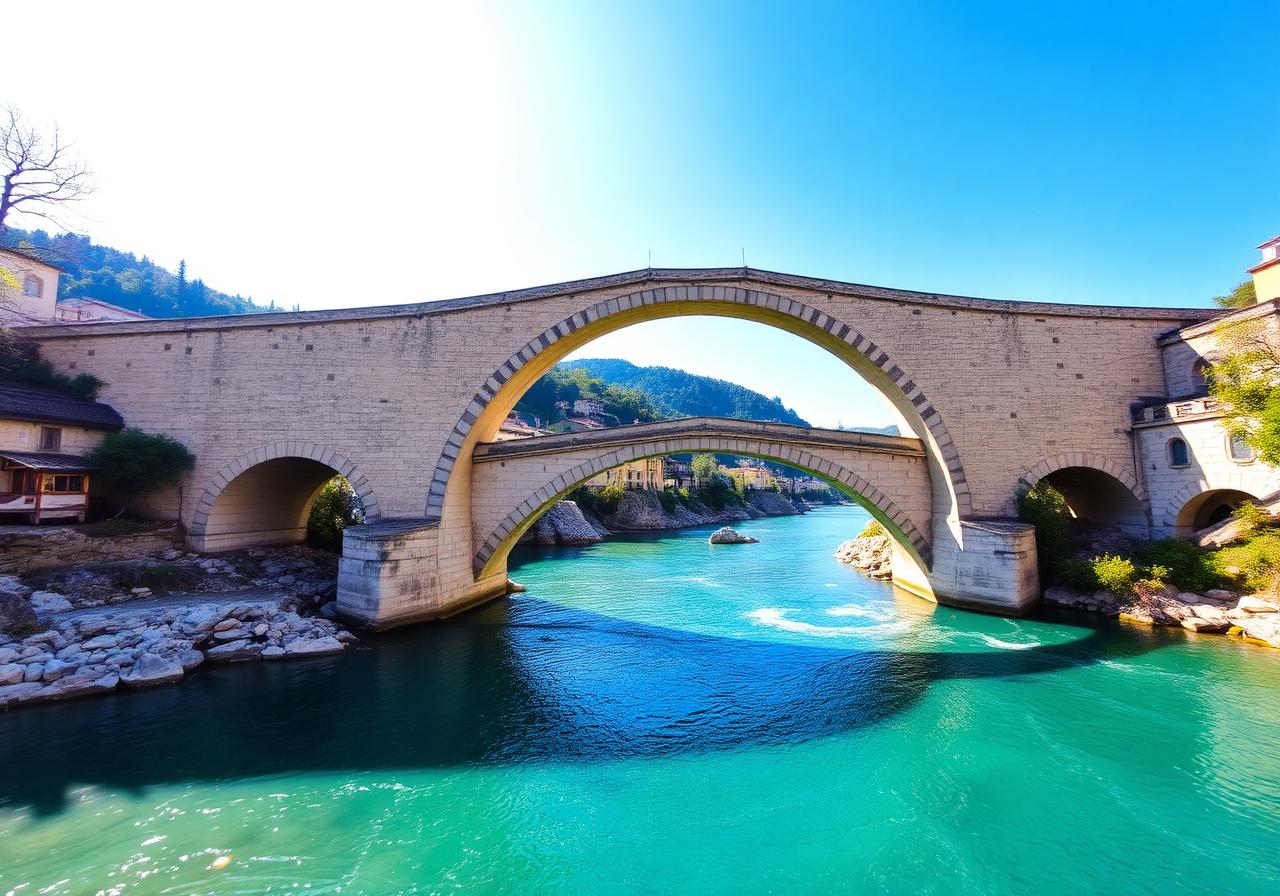 Old Bridge of Mostar over the turquoise Neretva river, Bosnia & Herzegovina