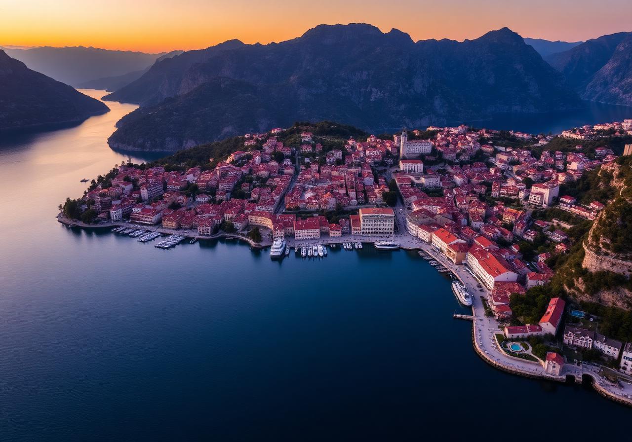 Aerial view of Kotor old town and bay at sunset, Montenegro