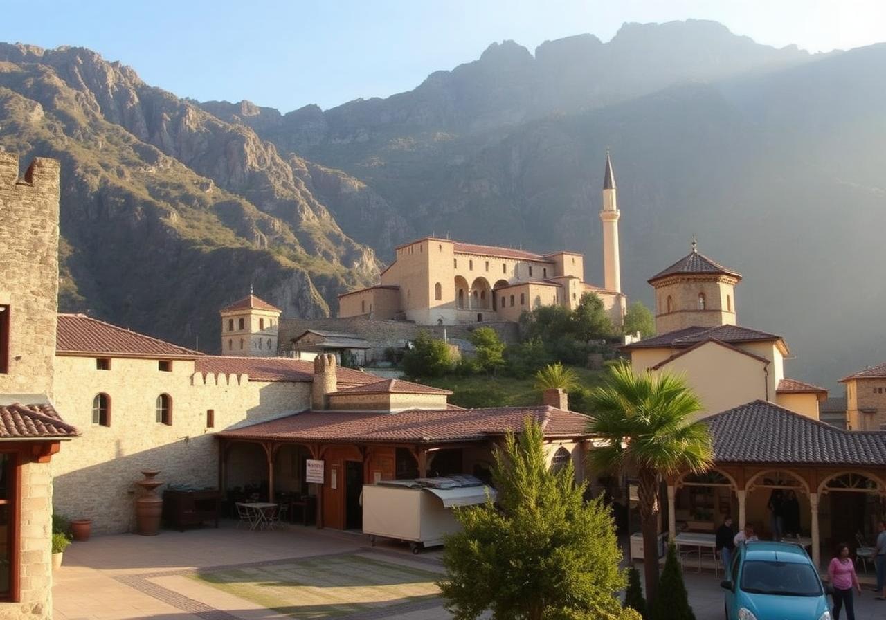 Krujë castle and old bazaar with mountain backdrop, Albania